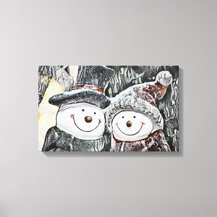 Impressão Em Tela Inverno, Snowman de Natal e desenho de uma mulher 