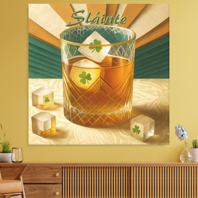 Impressão Em Tela Irish Whiskey Tumbler Shamrock Ice "Sláinte!" (Insitu(Sala de estar))
