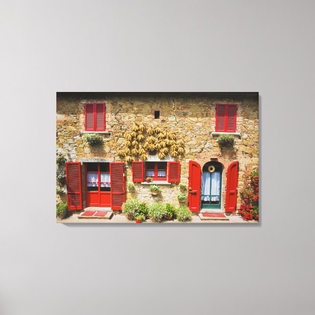 Impressão Em Tela Itália, Lucignano, Red Shutters e Harvest (Frente)