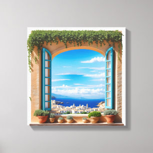 Impressão Em Tela Janela com Vista para o Mar Mediterrâneo Cidade