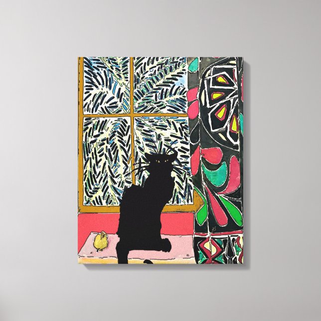 Impressão Em Tela Janela Palm Tree com Gato Preto (Frente)