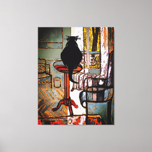 Impressão Em Tela Janela Verde com Gato Preto