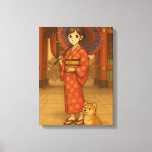 Impressão Em Tela Japan Stroll - Kimono Girl e Shiba dog Art Impress