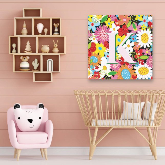 Impressão Em Tela Jardim de Flores da Primavera Monograma Berçário C (Whimsical Colorful Spring Flowers Garden Initial / Monogram Girl's Nursery Canvas Print @ fat_fa_tin)