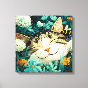Impressão Em Tela Jardim de Flores de Gato Adormecido com Abelha em