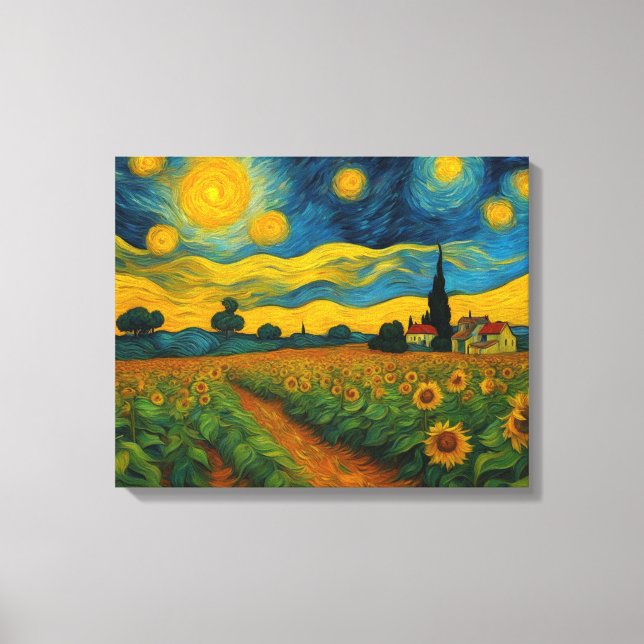 Impressão Em Tela Jardim de Girassol em Uma Noite Estrelada (Frente)