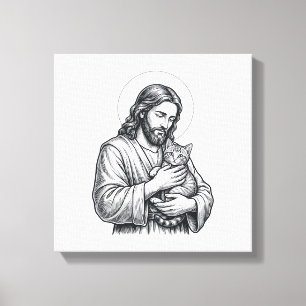 Impressão Em Tela Jesus Antigo Segurando Gato Gravura Gráfico_1