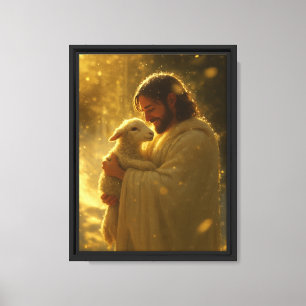 Impressão Em Tela Jesus com Cordeiro em Luz Dourada Espiritual