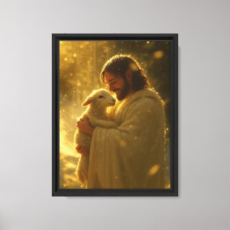 Impressão Em Tela Jesus com Cordeiro em Luz Dourada Espiritual