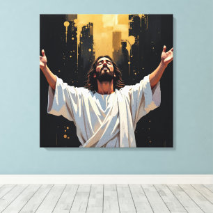 Impressão Em Tela Jesus Cristo Nosso Salvador Preto e Dourado