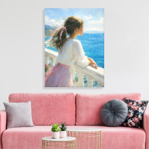 Impressão Em Tela Jovem Mulher em uma Varanda com Vista para o Ocean