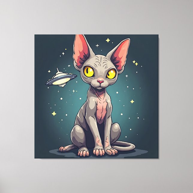 Impressão Em Tela Judging Sphynx Cat UFO Space Cartoon Art (Frente)