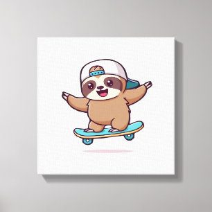 Impressão Em Tela Kawaii Chibi Sloth Skater � Divertido Skateboardi