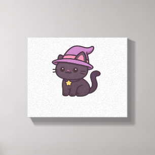 Impressão Em Tela Kawaii Witch Cat em T-Shirt Clássico com Chapéu Ro