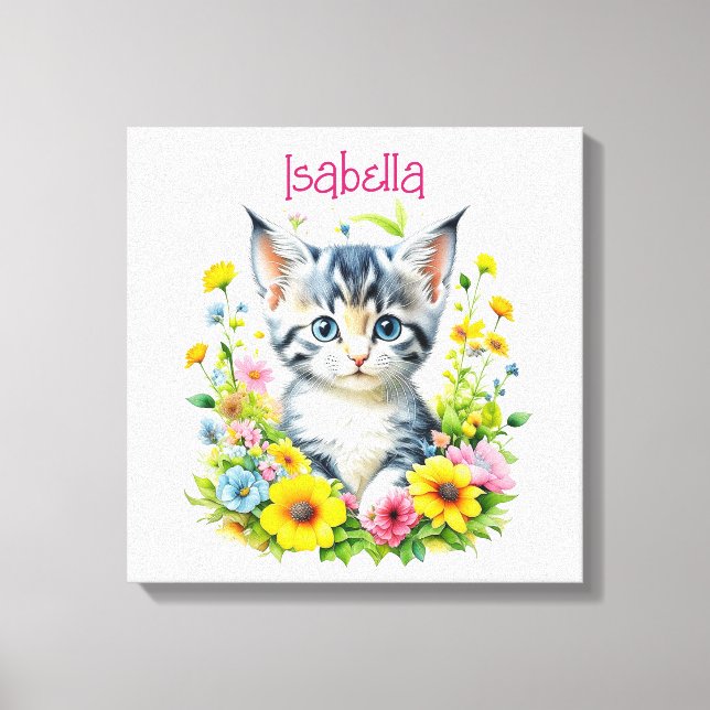 Impressão Em Tela Kit de aquarela com gatinhos e flores personalizad (Frente)