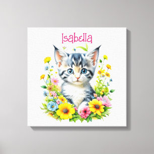 Impressão Em Tela Kit de Aquarela Gatinho Flores Personalizado