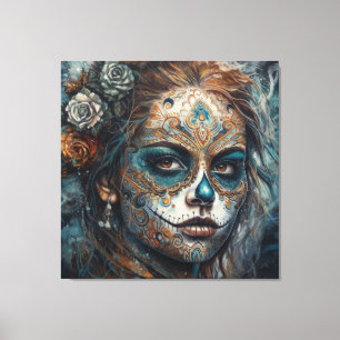 Impressão Em Tela La Catrina Azul Dia de los Muertos Crânio de Açúca