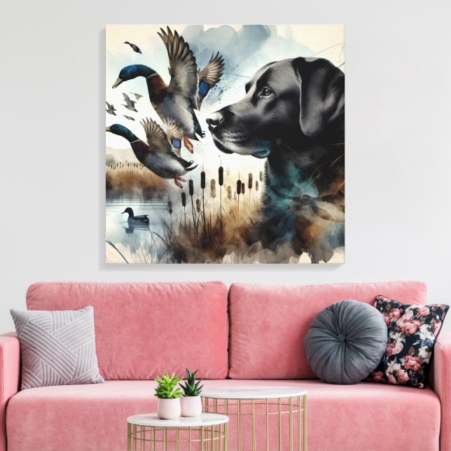 Impressão Em Tela Labrador Preto E Patos De Aquarela (Insitu(Sala de estar))
