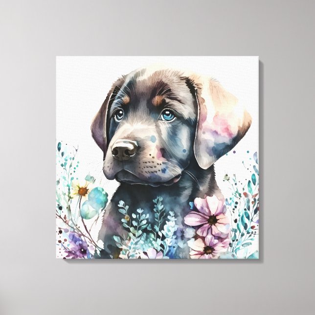 Impressão Em Tela Labrador Retriever Marrom e Flores em Aquarela (Frente)