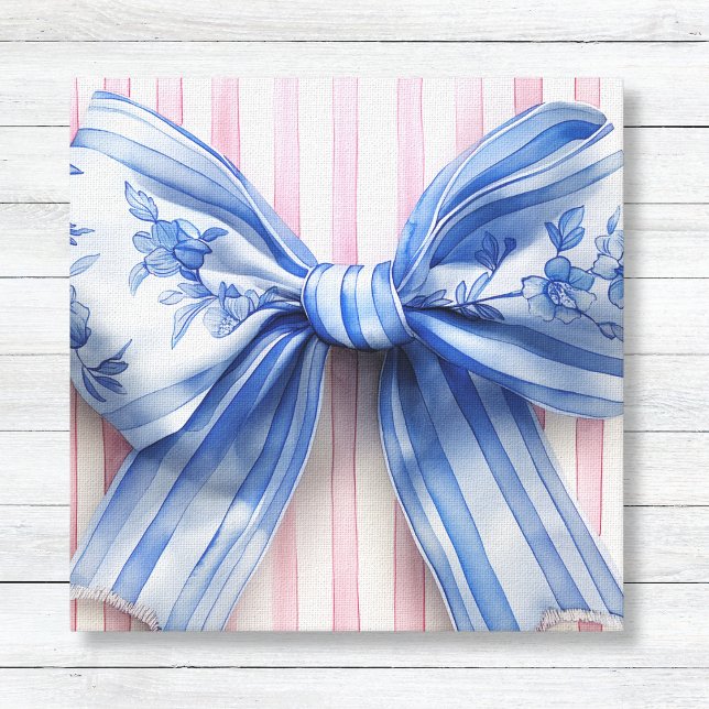 Impressão Em Tela Laço Coquete Azul e Branco em Listras Rosas (Blue and White Coquette Bow with Pink Watercolor Vertical Stripes - Girls Wall Canvas Decor)