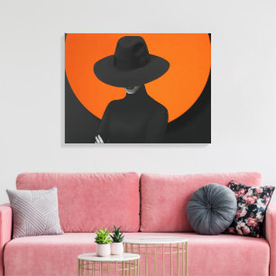 Impressão Em Tela Lady Hat Black & Orange Design