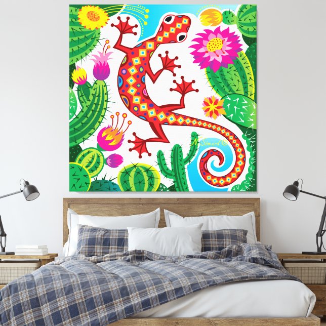 Impressão Em Tela Lagarto do Sudoeste com Flores de Cacto (Insitu(Quarto))