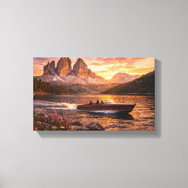 Impressão Em Tela Lago ao Pôr do Sol com Barco de Madeira Clássico (Frente)