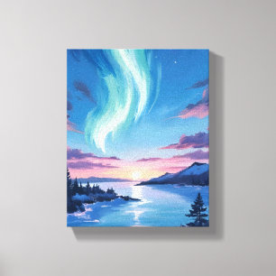 Impressão Em Tela Lago Aurora Boreal Paisagem Noturna Sonhadora