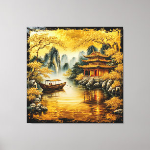 Impressão Em Tela Lago Oriental Dourado com uma Pagode