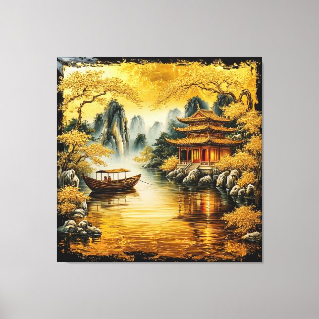 Impressão Em Tela Lago Oriental Dourado com uma Pagode (Frente)