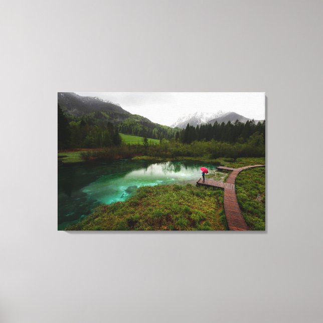 Impressão Em Tela Lago verde-guarda-chuva vermelho (Frente)