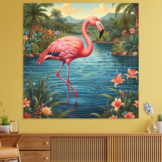 Impressão Em Tela Lagoa Elegante do Paraíso Tropical Rosa flamingo (Insitu(Sala de estar))