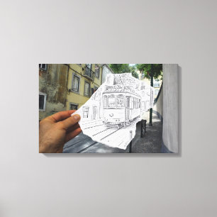 Impressão Em Tela Lápis contra a câmera - bonde de Lisboa