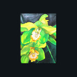 Impressão Em Tela Laranjas flores verdes e amarelas<br><div class="desc">A partir de uma pintura original em aquarela de Sacha Grossel de flores de orquídea verdes e amarelas em estilo botânico pintado. Esta obra de arte original do estilo pop floral especial é vibrante e colorida. Verde limão e amarelo-limão num fundo verde-escuro texturizado.</div>