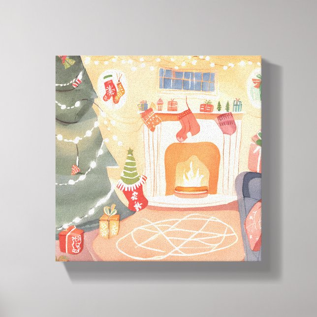 Impressão Em Tela Lareira de Natal de Aquarela (Frente)