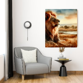 Impressão Em Tela Leão de Aquarela na Savana