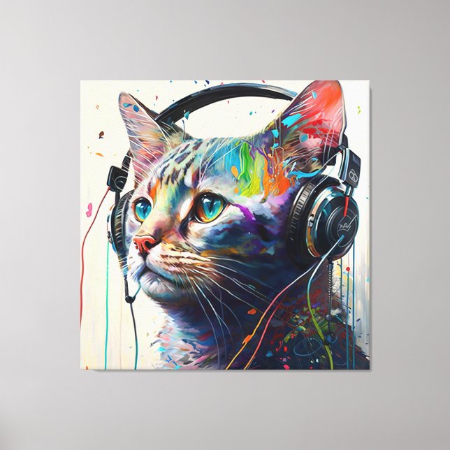 Impressão Em Tela Legal gato com Fones de ouvido - Music Lover's Art (Frente)