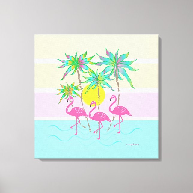 Impressão Em Tela Legal Rosa Flamingos Sun e Palm Trees Wall Art (Frente)