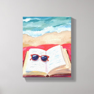 Impressão Em Tela Leitura de Praia   Pintura em Aquarela de Ondas do