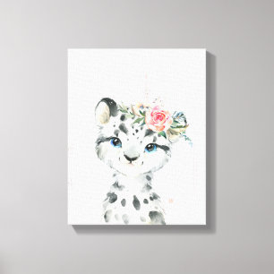 Impressão Em Tela Leopardo-neve Bebê Floral em Aquarela