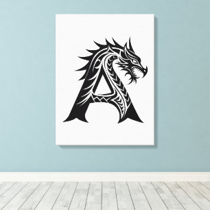 Impressão Em Tela Letra A Estilizada com Dragão, Alfabeto de Dragão,