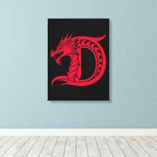 Impressão Em Tela Letra D Estilizada com Dragão, Alfabeto de Dragão,