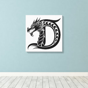 Impressão Em Tela Letra D Estilizada com Dragão, Alfabeto de Dragão,