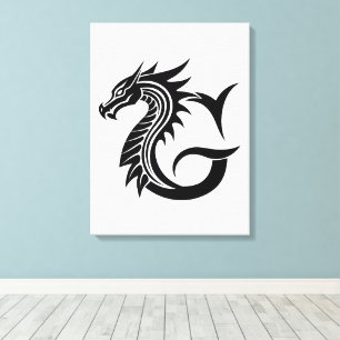 Impressão Em Tela Letra G Estilizada com Dragão, Alfabeto de Dragão,