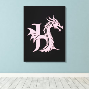 Impressão Em Tela Letra H Estilizada com Dragão, Alfabeto de Dragão,