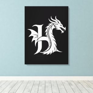 Impressão Em Tela Letra H Estilizada com Dragão, Alfabeto de Dragão,