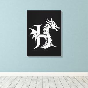 Impressão Em Tela Letra H Estilizada com Dragão, Alfabeto de Dragão,