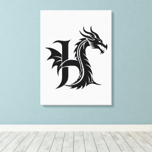 Impressão Em Tela Letra H Estilizada com Dragão, Alfabeto de Dragão,
