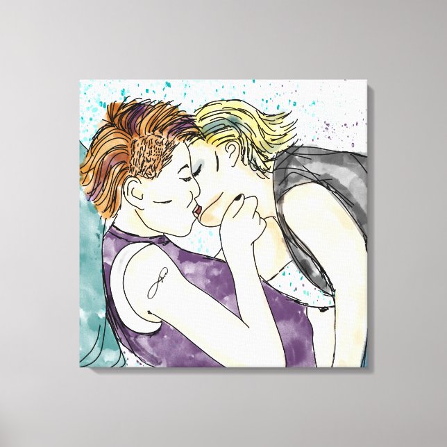 Impressão Em Tela LGBTQIA+ Mulheres Beijando Arte Watercolor (Frente)