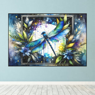 Impressão Em Tela Libélula Azul Botânica em Aquarela